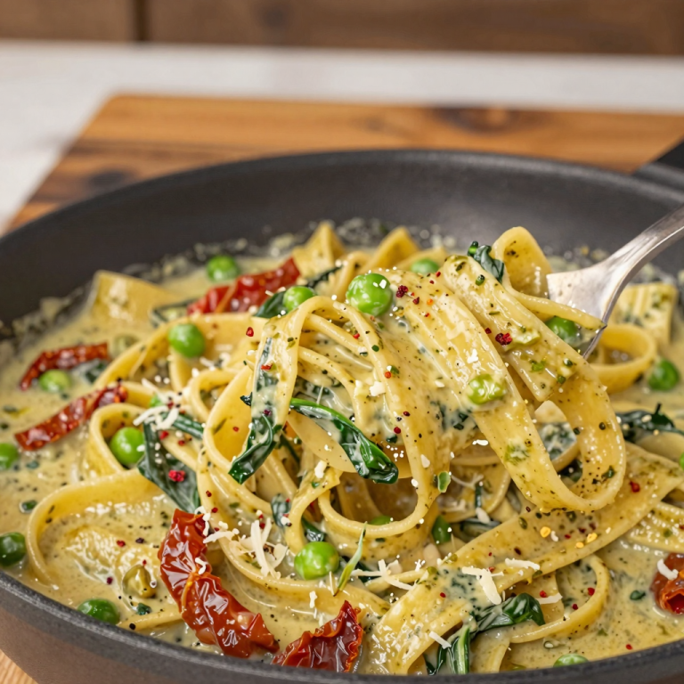 Creamy pesto pasta dish on a wooden table.