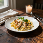 Creamy pasta dish with sun-dried tomatoes on a wooden table.
