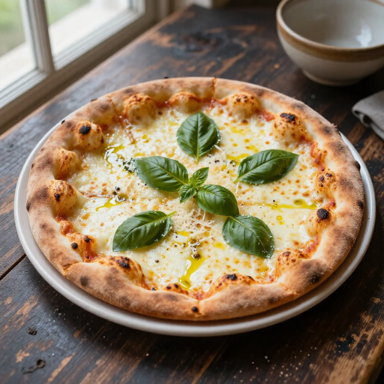 Simple cheese pizza on wood table.