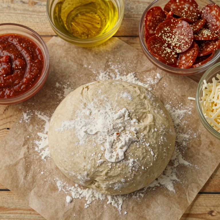 Overhead shot of a freshly made pizza dough ball on a rustic wooden surface.