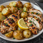 Lemon chicken and potato slices arranged on a white plate.