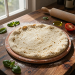 Pizza dough on a rustic wooden surface.