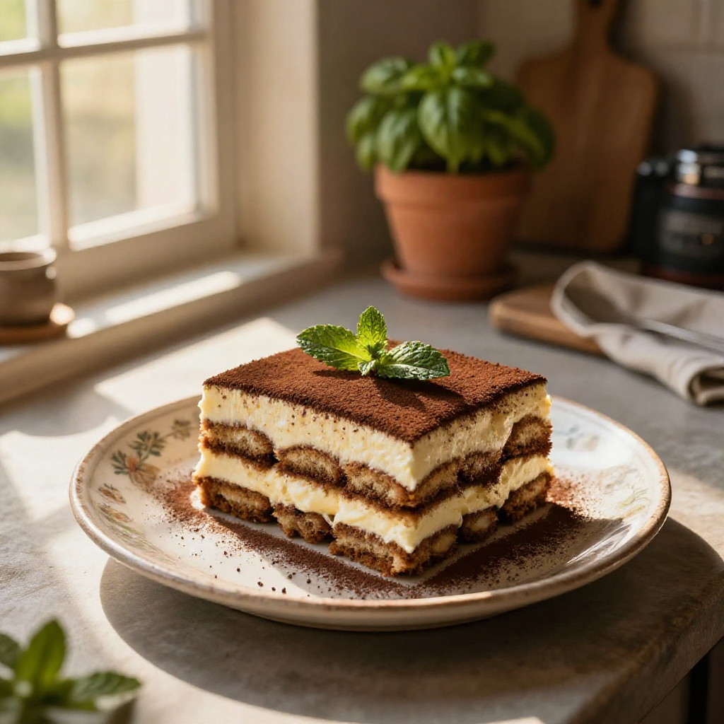 Italian tiramisu with herbs, kitchen setting.