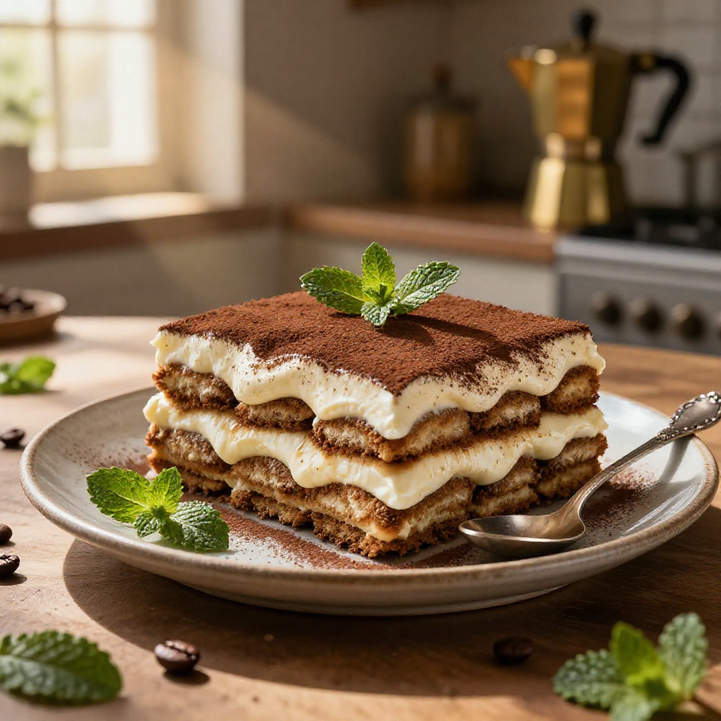 Italian dessert presented in warm kitchen.
