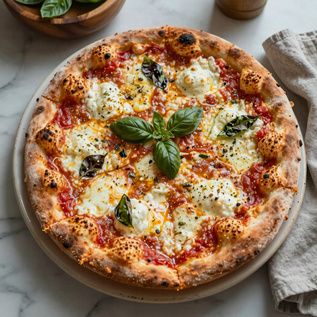Homemade pizza with melted cheese, herbs, on ceramic.