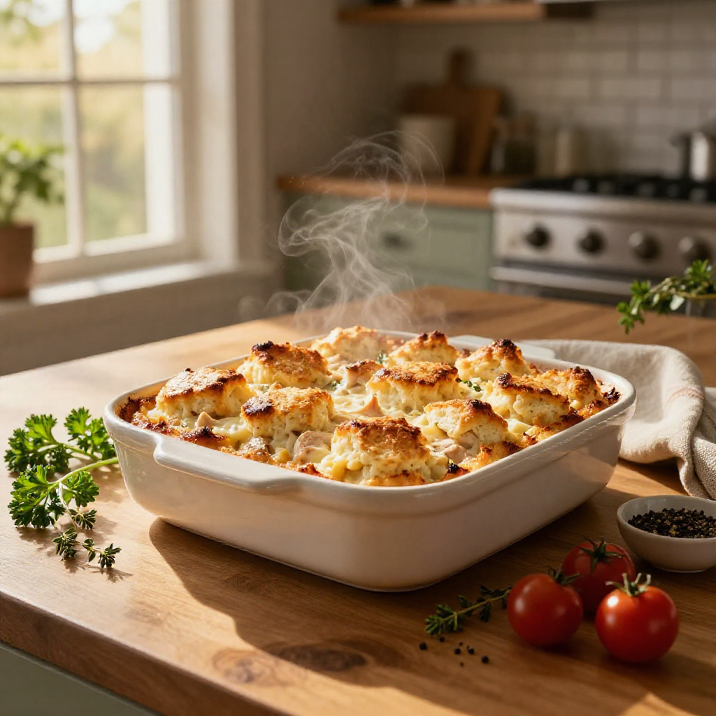 Baked chicken and biscuit dish, kitchen setting.