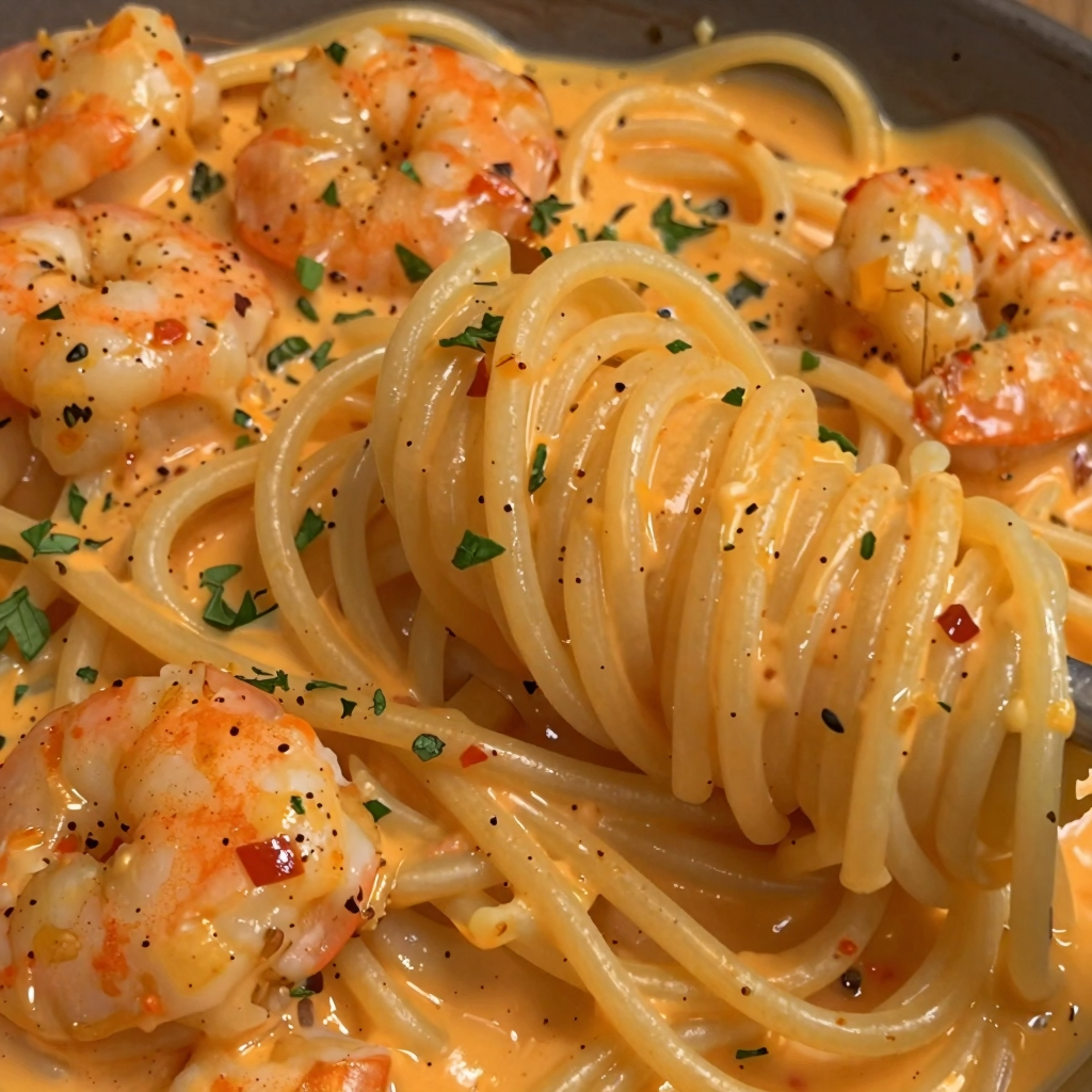 Cajun shrimp and pasta dish with herb garnish.