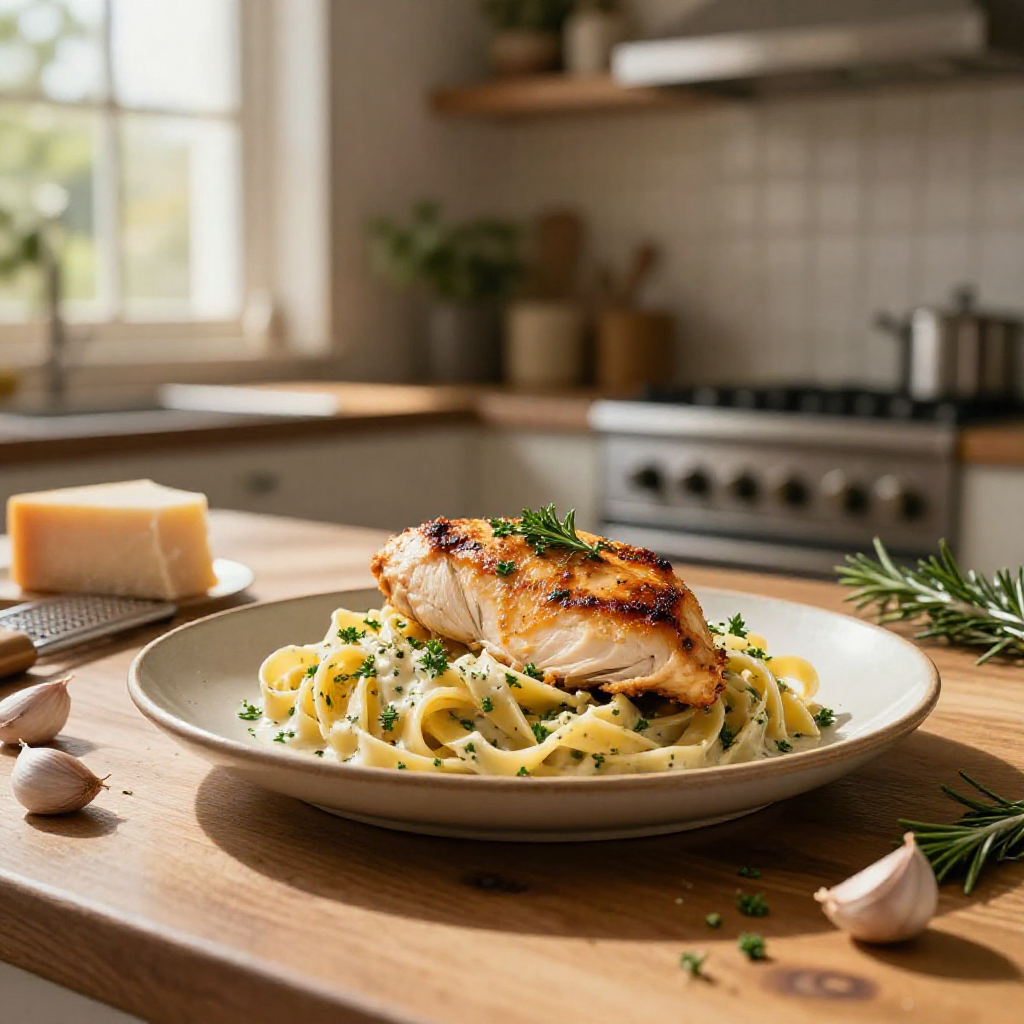 Garlic Parmesan chicken and pasta with herbs.