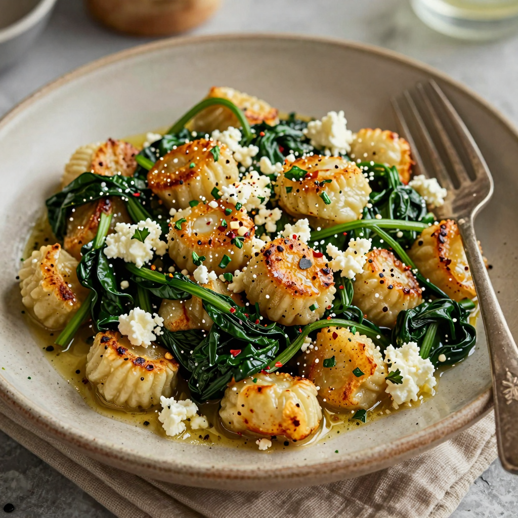 Gnocchi with spinach and feta served on a ceramic plate with herb garnish.