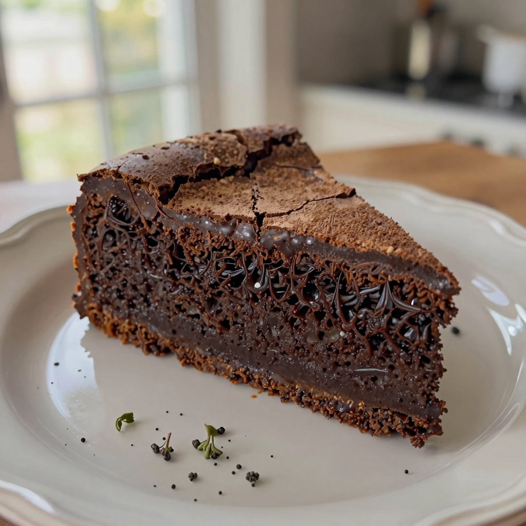 Flourless chocolate cake slice on a ceramic plate, bathed in soft light.