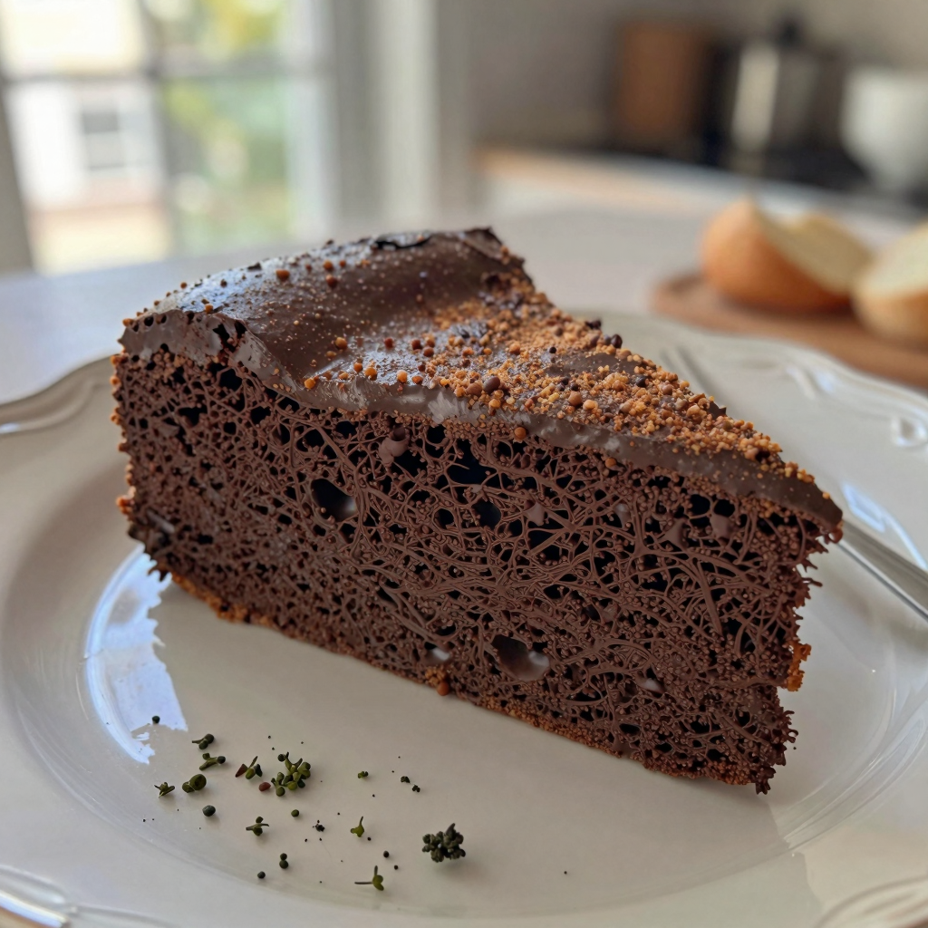 Gluten-free chocolate cake decorated with herbs, soft lighting.