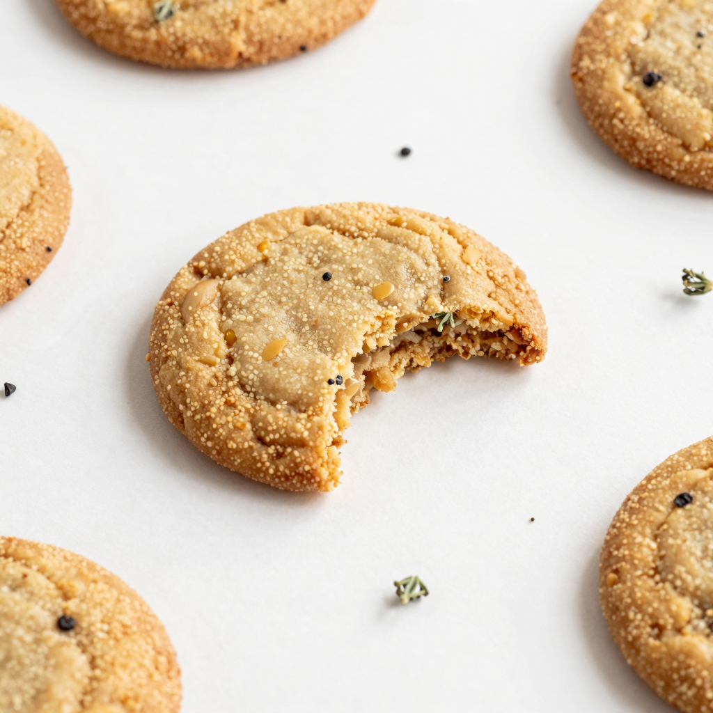 Close-up of simple brown sugar cookies on a ceramic plate with herb garnish.
