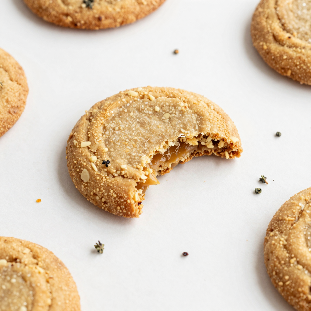 Close-up of simple brown sugar cookies with scattered fresh herbs.