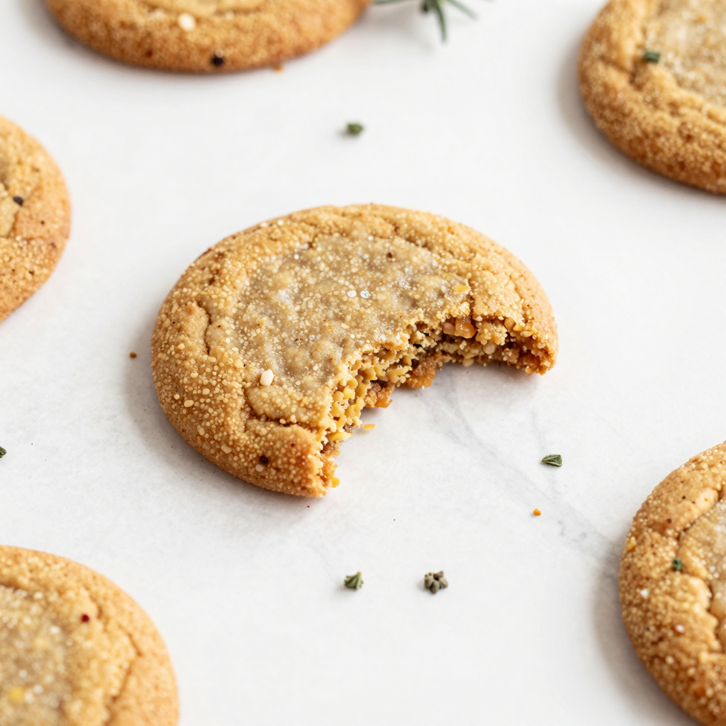 Three-ingredient brown sugar cookies presented on a patterned plate with scattered fresh herbs in a warm kitchen setting.