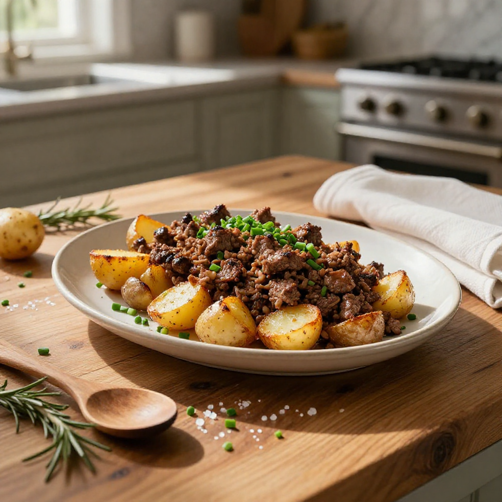 Plate of ground beef and potatoes on a kitchen counter with soft lighting.