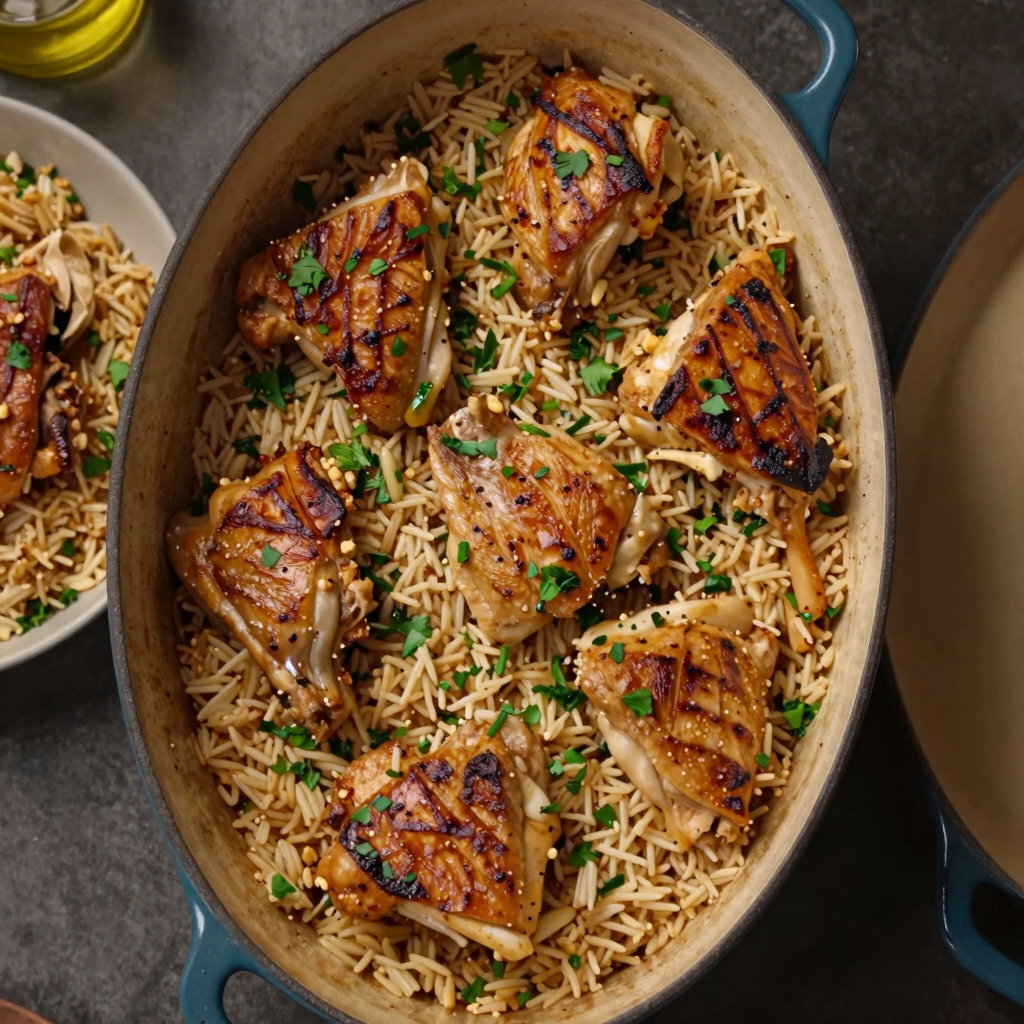 Overhead shot of one-pot chicken and rice, surrounded by ingredients.