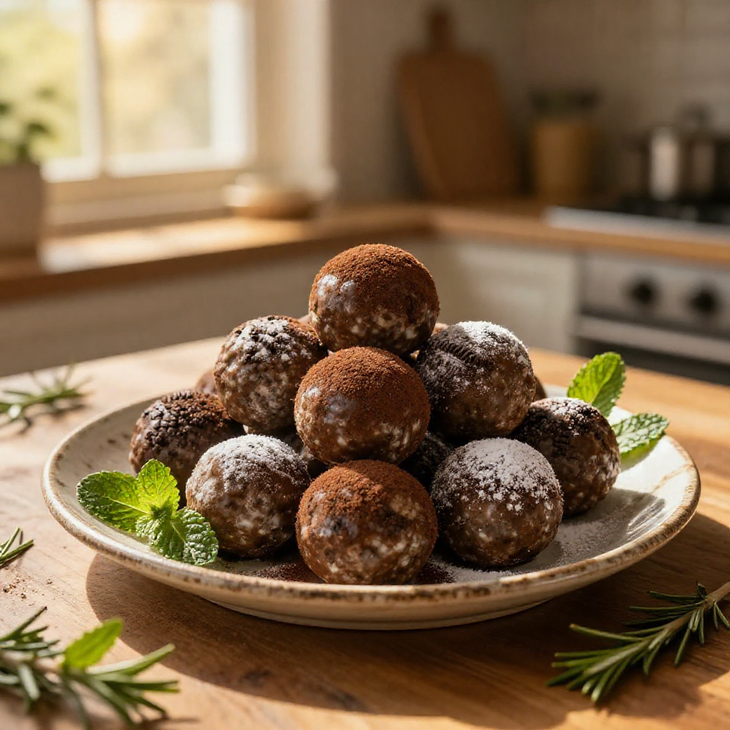 Close-up of Oreo truffles on a patterned plate.