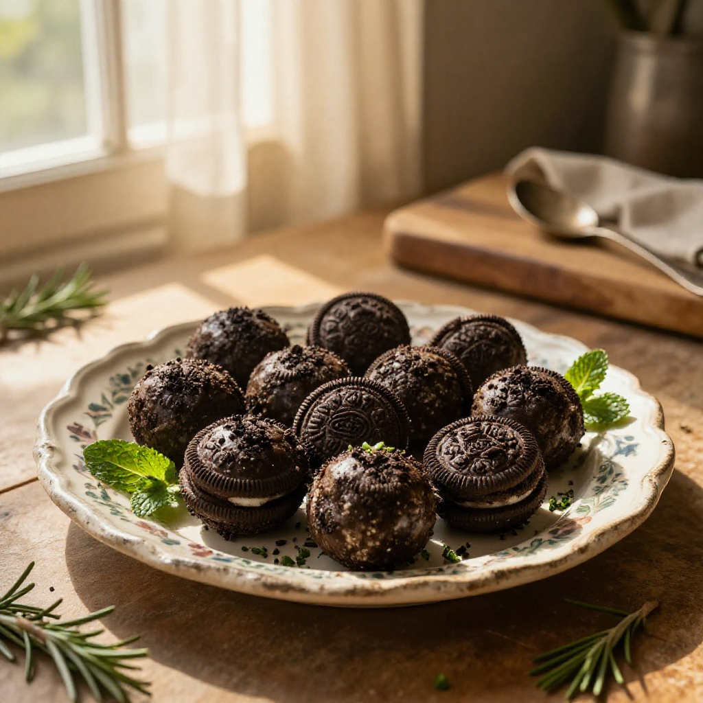 Close-up of Oreo balls dessert, soft lighting, kitchen setting.