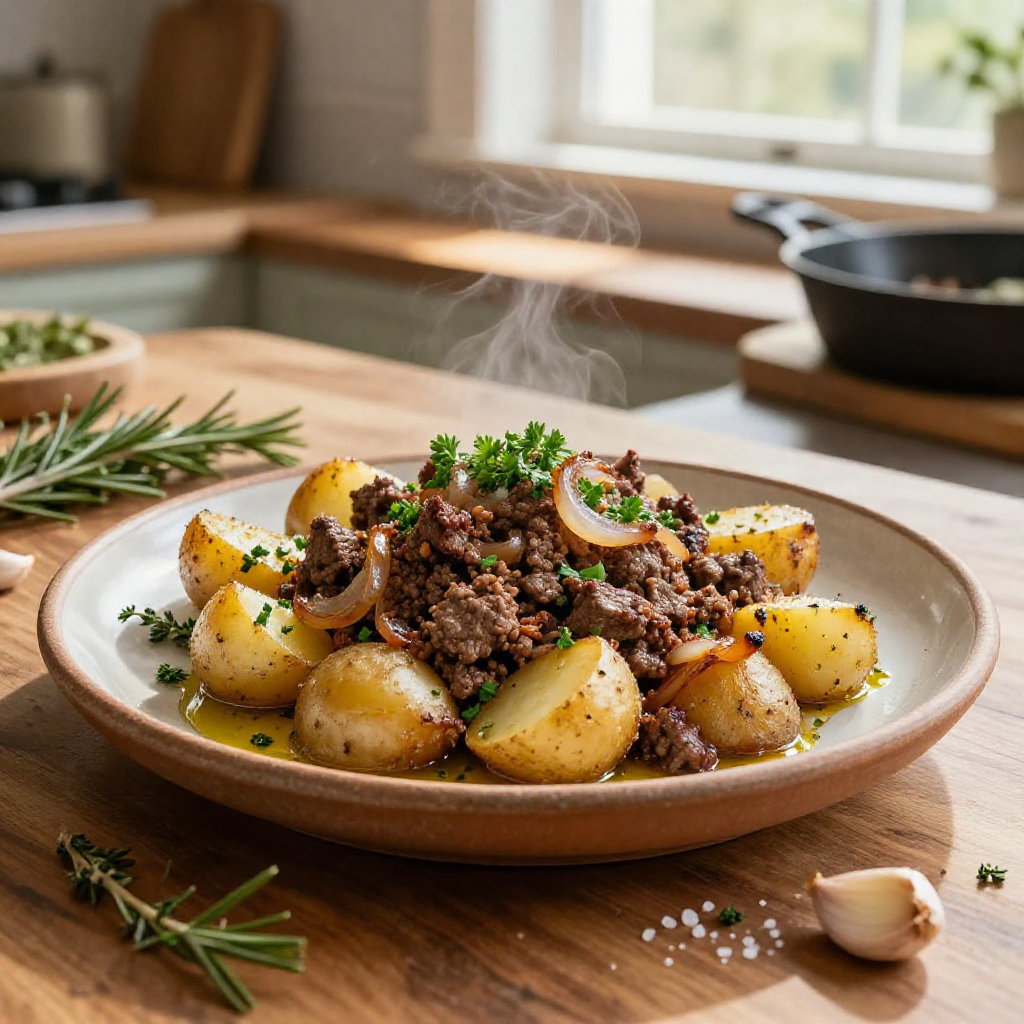 Ground beef and potato dish on a kitchen counter.
