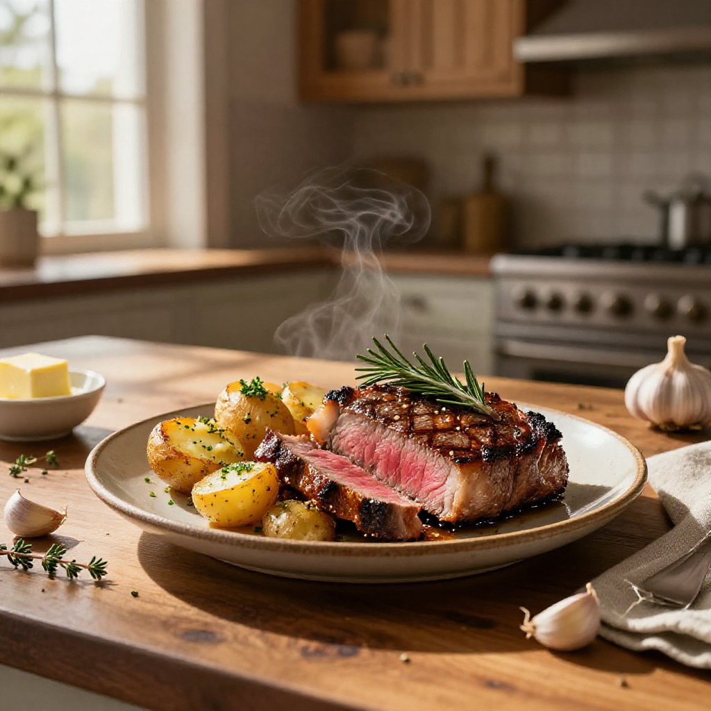 One-pan garlic butter steak and potatoes with visible herbs and cooking ingredients.