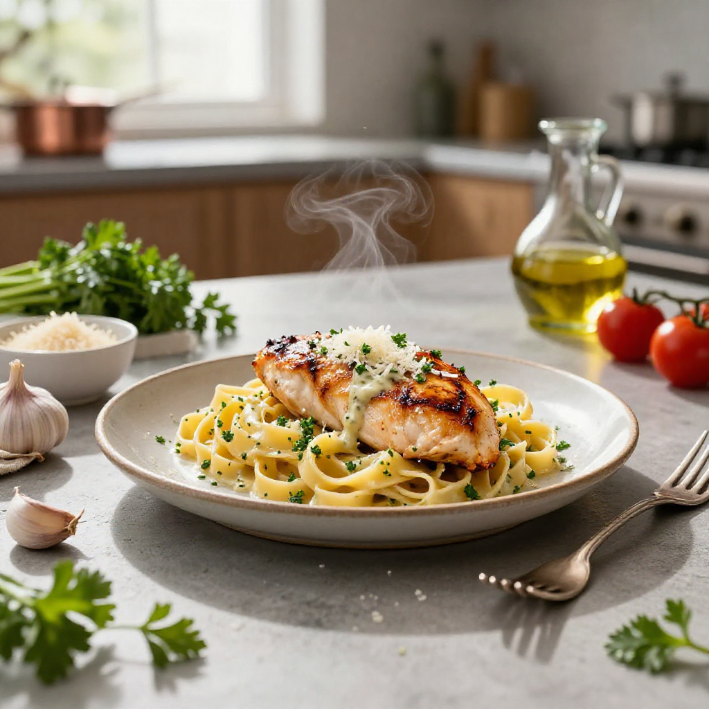 Overhead shot of a plate of garlic parmesan chicken pasta with a blurred kitchen backdrop.