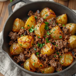 Ground beef and potatoes on a white plate, surrounded by fresh herbs.
