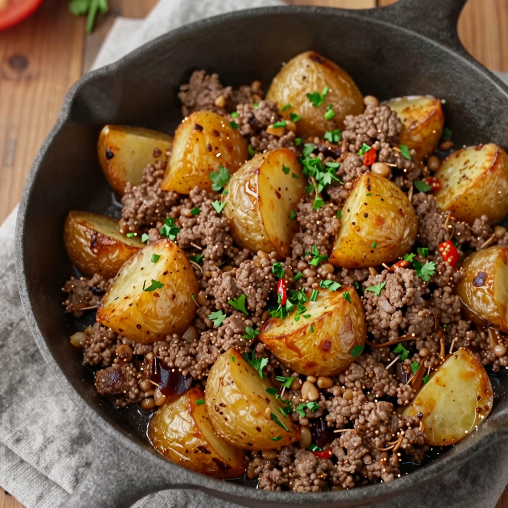 Plated ground beef and potatoes recipe with fresh ingredients.