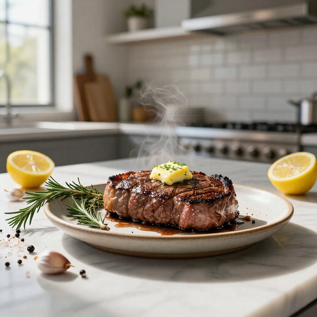 Medium-rare steak presented on a kitchen counter with culinary elements.