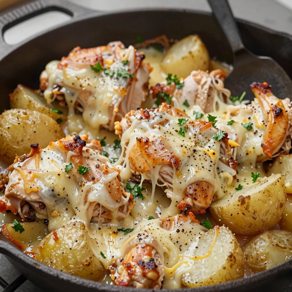Skillet of chicken and potatoes with fresh herbs, kitchen background.