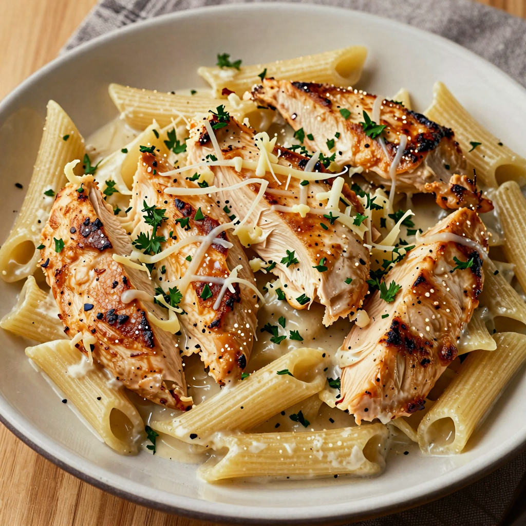 Close-up of a plate of one-pan chicken pasta with garlic parmesan sauce, set on a kitchen counter.