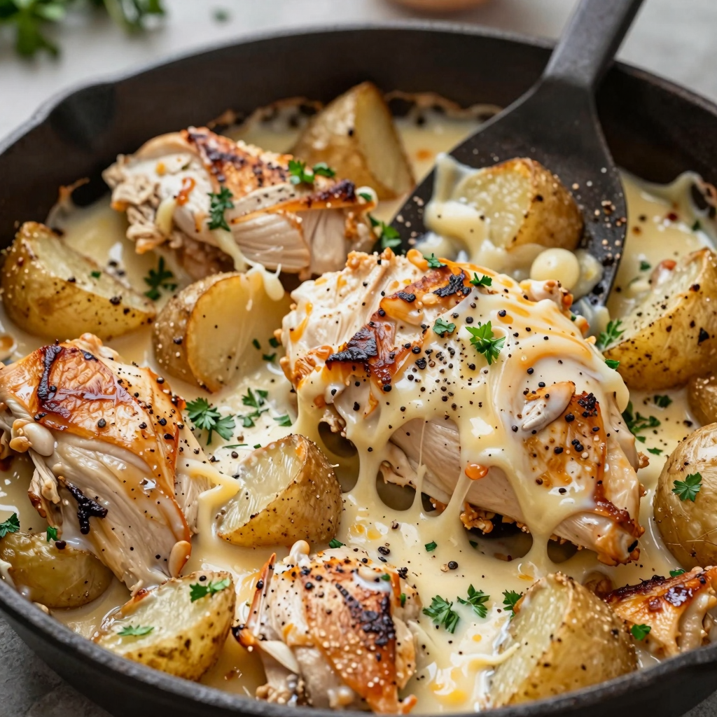 One-Pan Garlic Parmesan Chicken and Potatoes Skillet Recipe ...