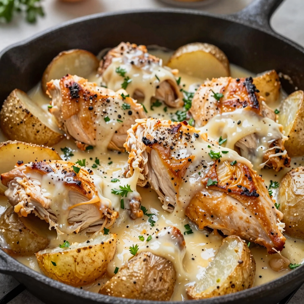 Golden-brown chicken and potatoes skillet with fresh herbs.