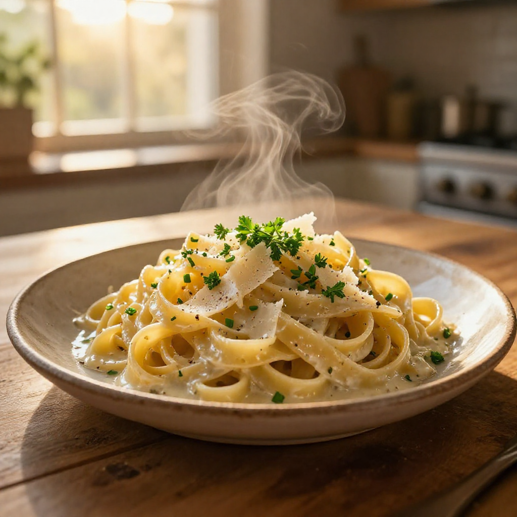 Pasta dish with herbs in warm light.