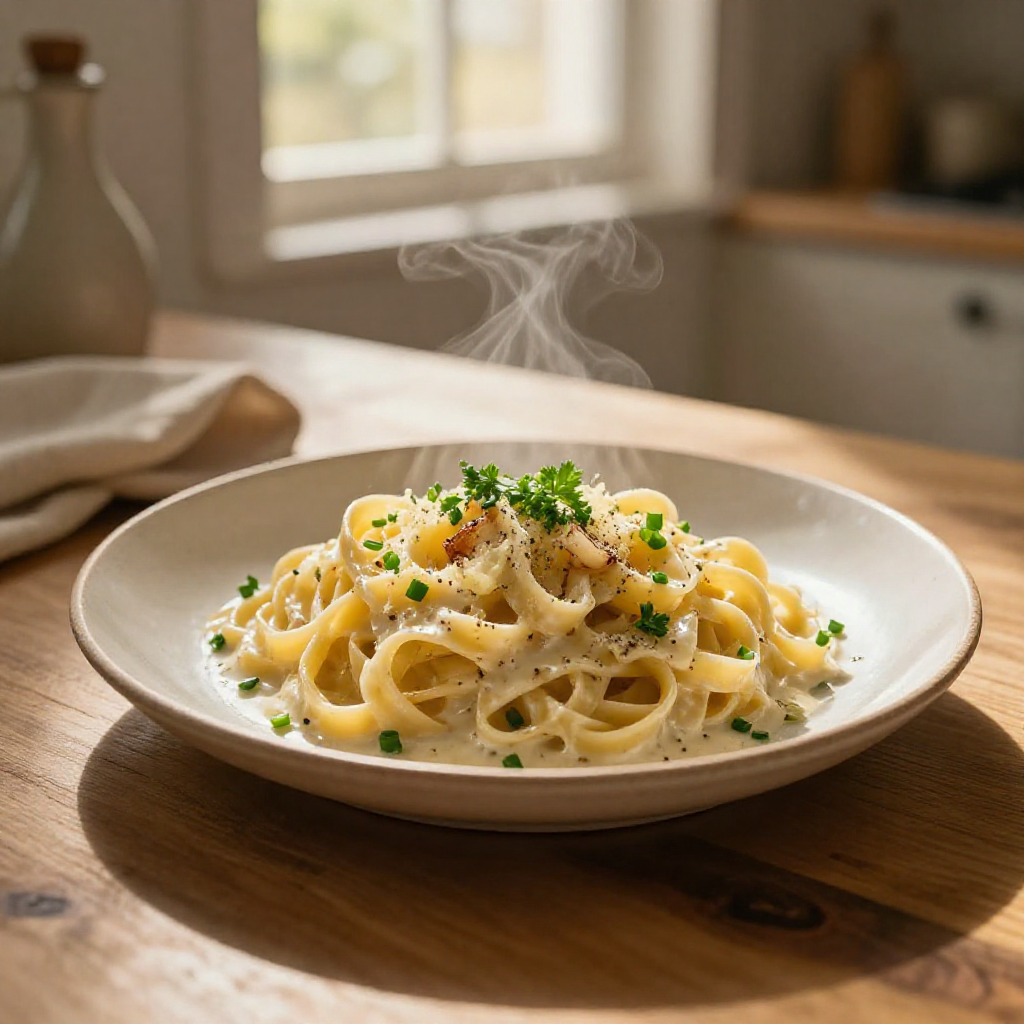 Close up of garlic pasta with herbs.
