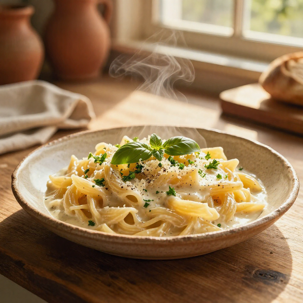 One-pot pasta dish with herbs, bathed in soft light.