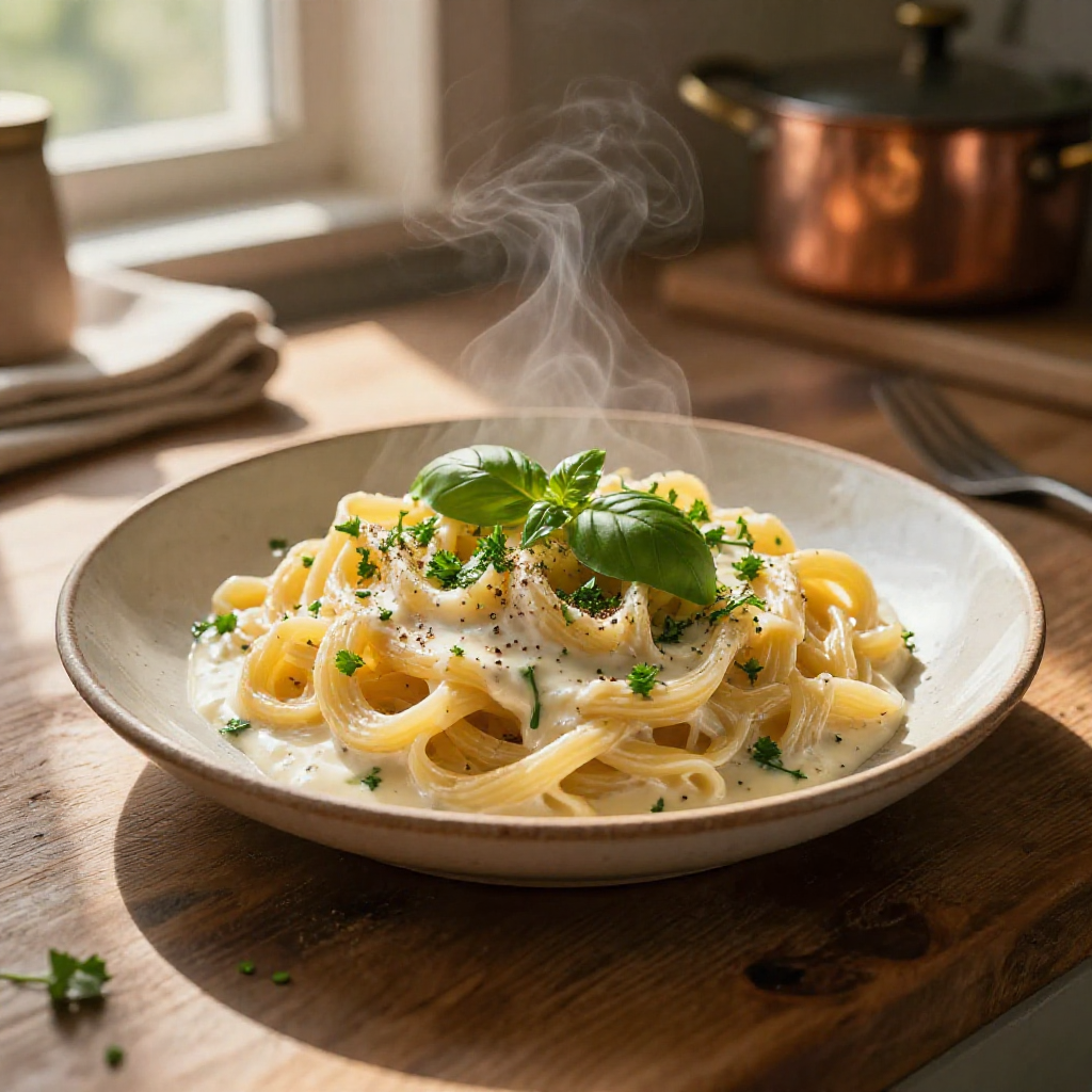 Close-up of pasta with herbs.