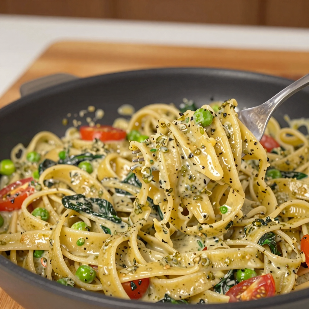 Overhead shot of one-pot pesto pasta.