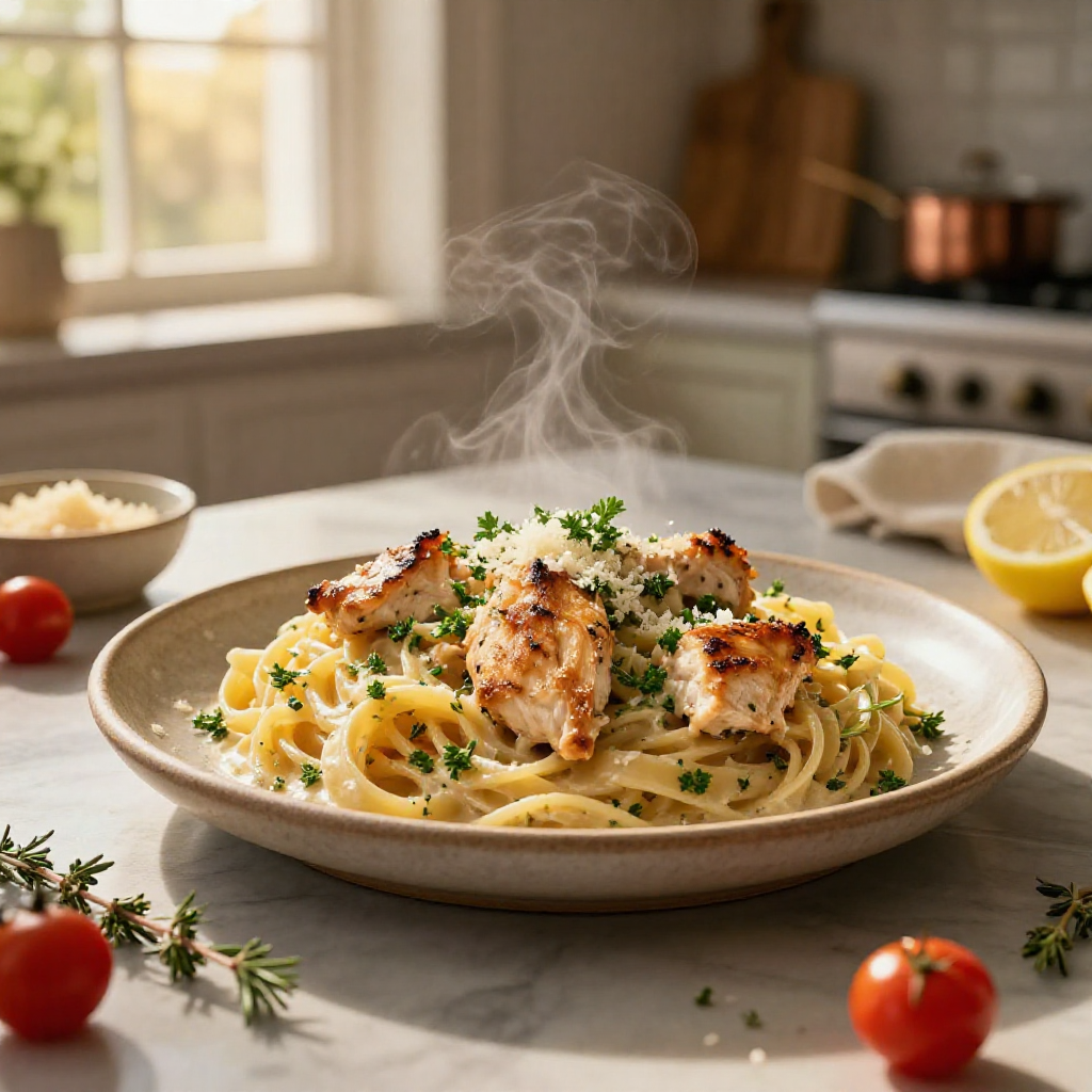 Overhead shot of Marry Me Chicken Pasta with herbs and cooking utensils.