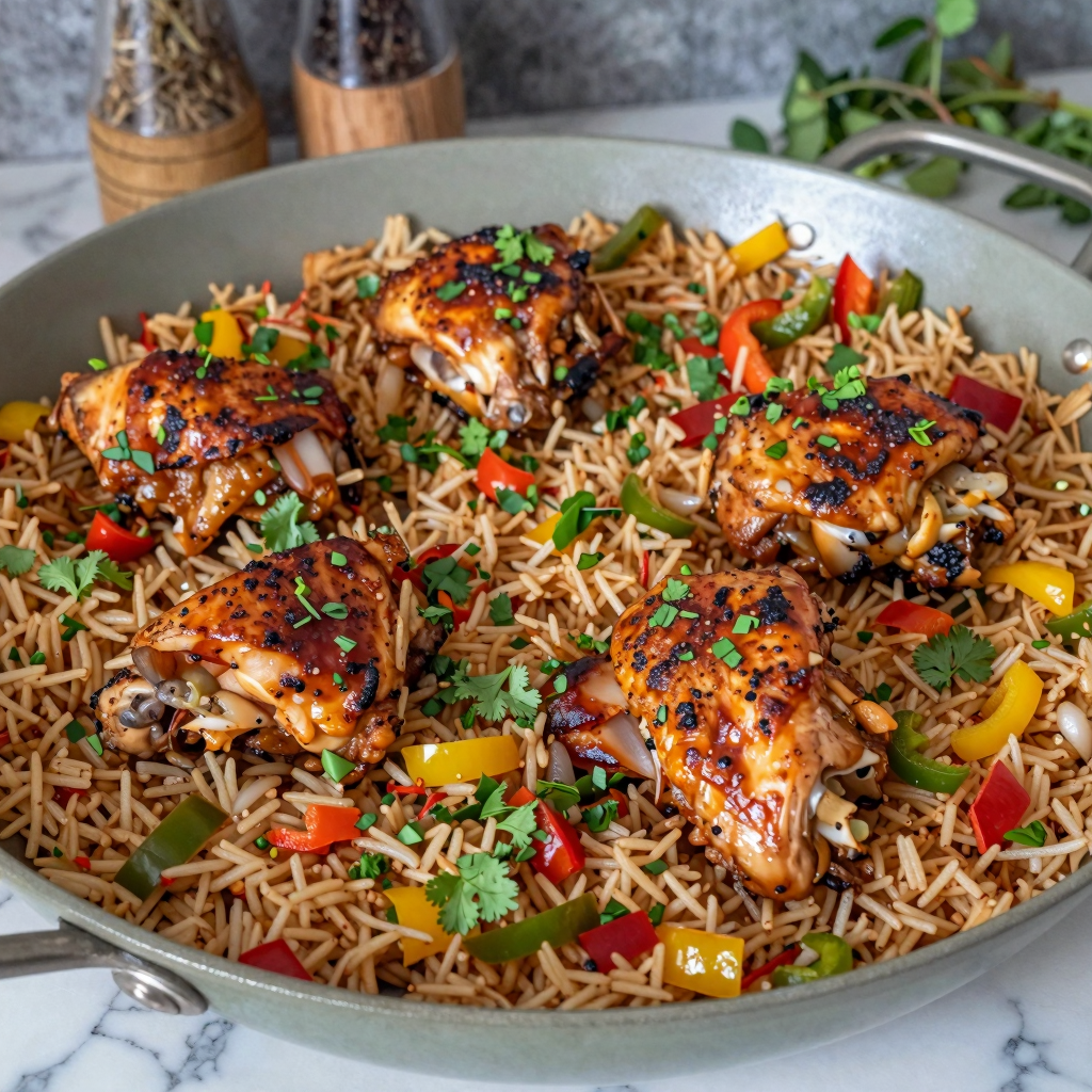 Spicy chicken and rice meal with fresh herbs.
