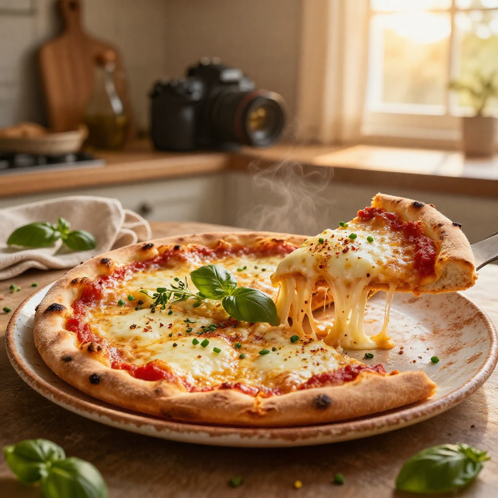 Homemade cheese pizza with scattered fresh herbs.