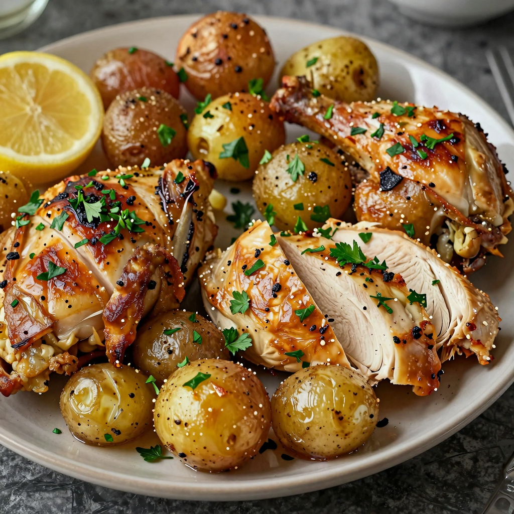 Lemon chicken with potatoes on a white plate.