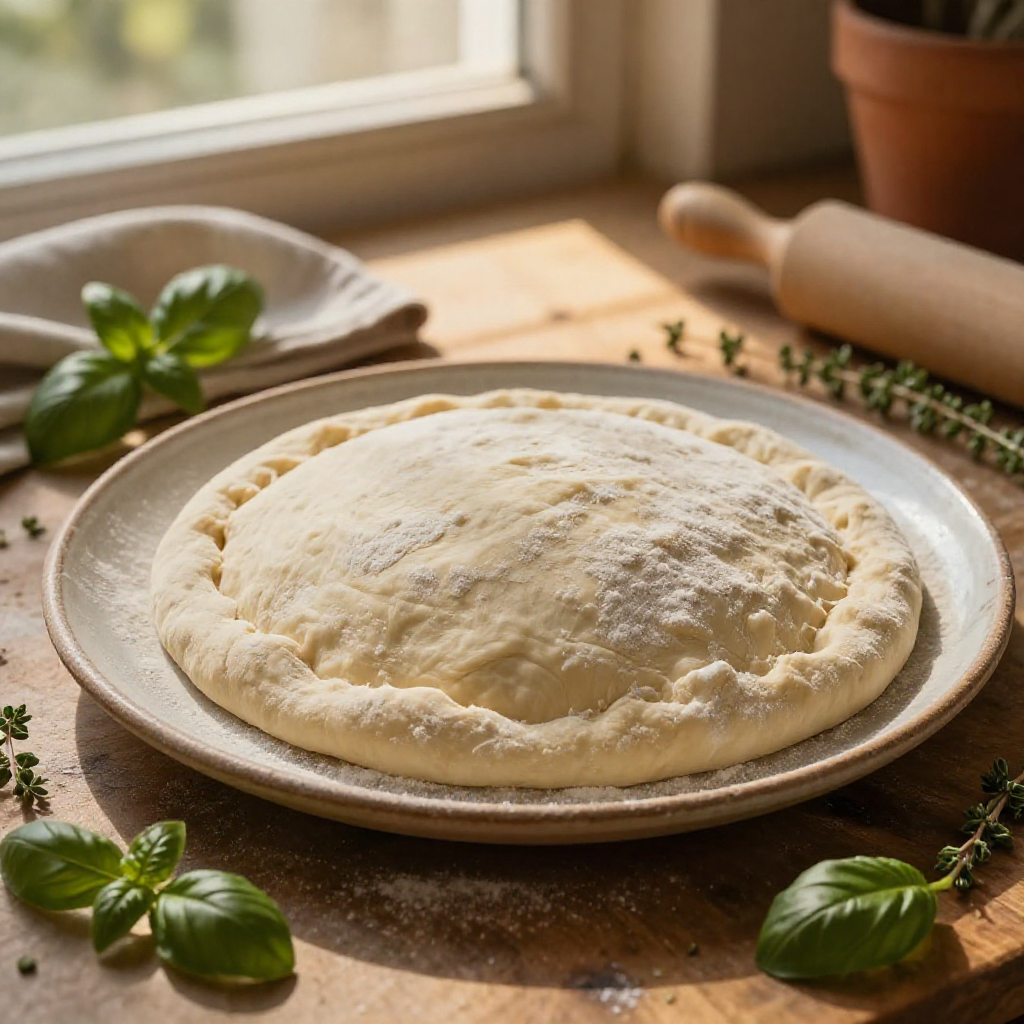 Unbaked pizza dough with herbs in a warm kitchen.