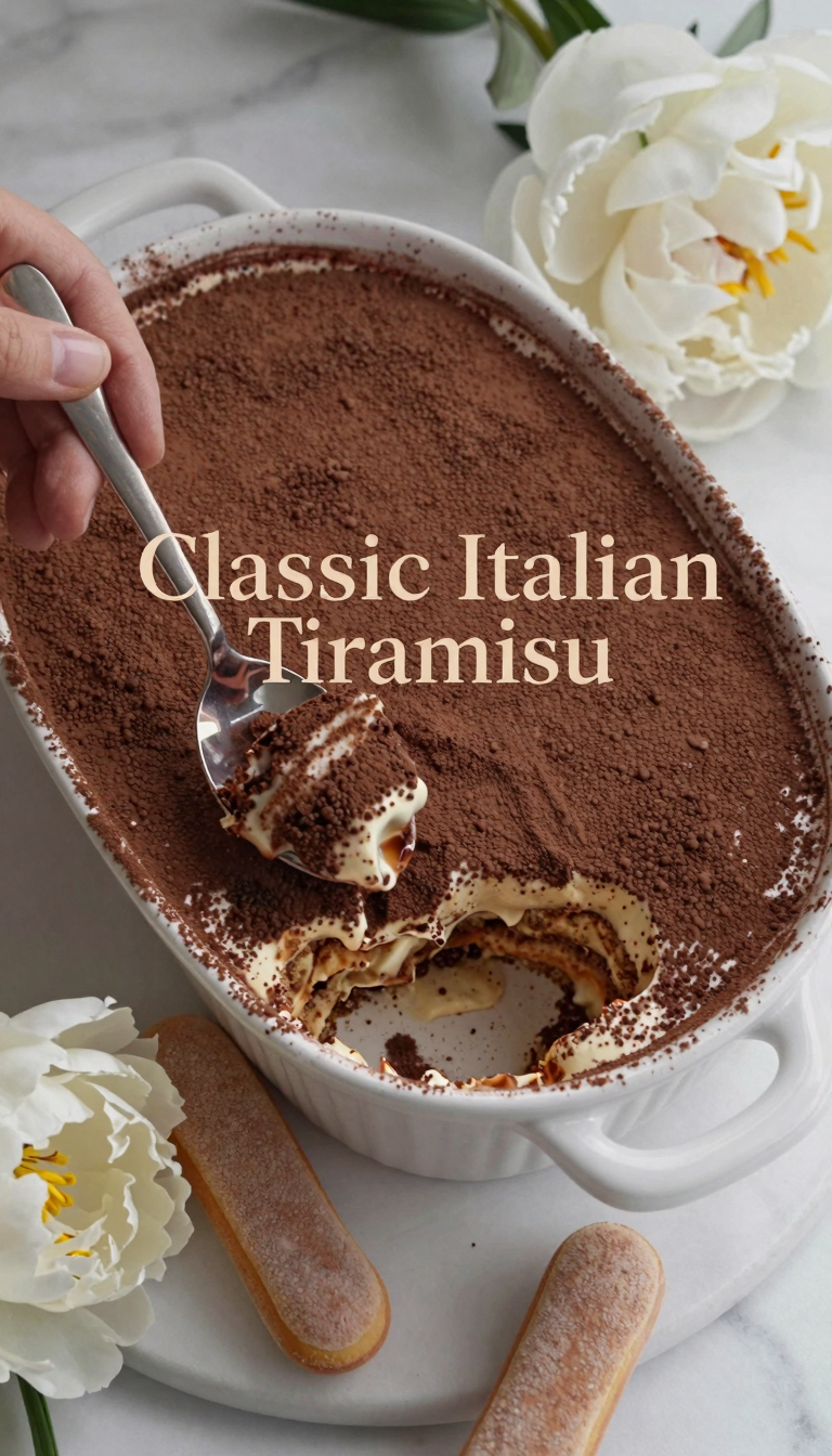 Save this Hand scooping tiramisu from a dish, surrounded by ingredients and flowers. on Pinterest