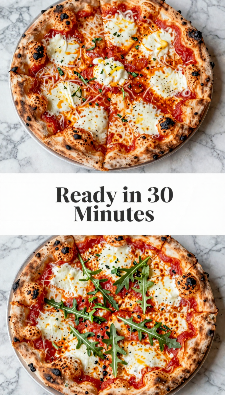 Save this Overhead view of two homemade pizzas, divided by a text banner. on Pinterest