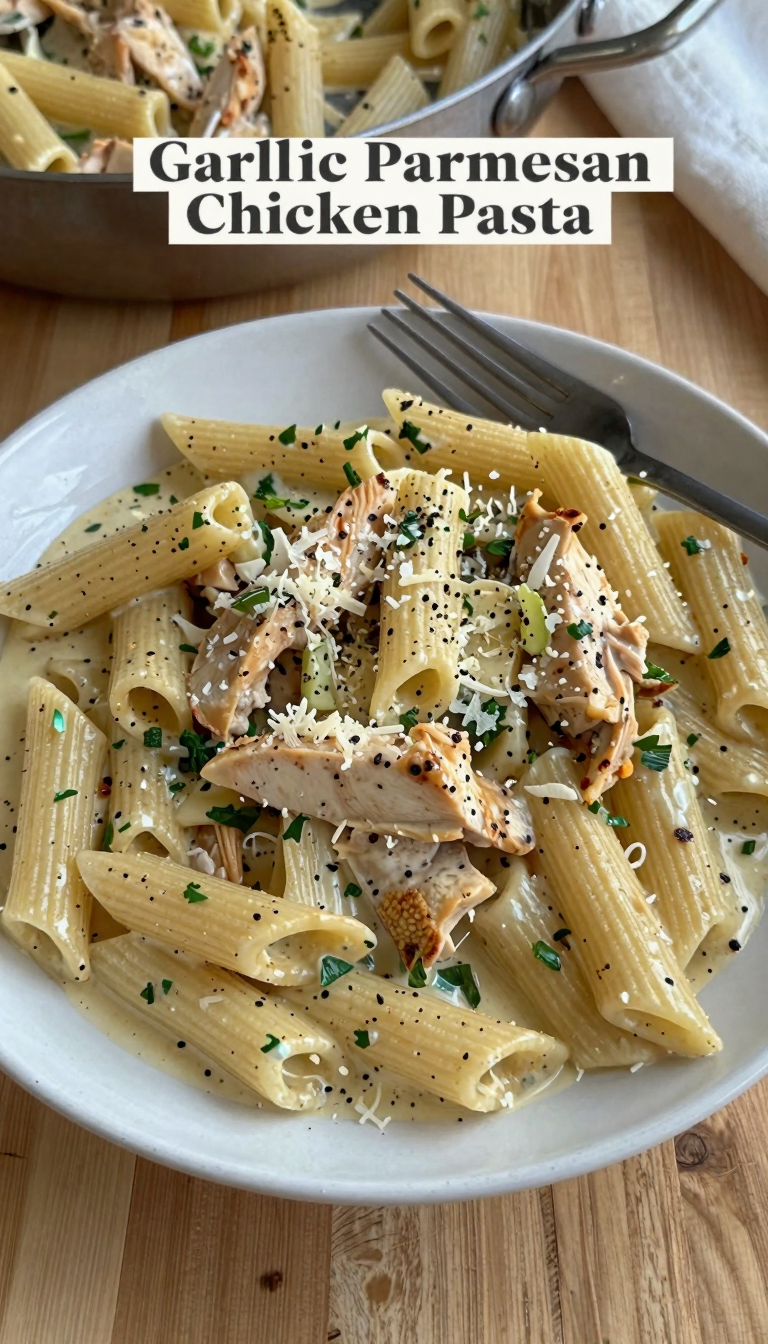 Save this Overhead shot of a plate of garlic parmesan chicken pasta with a blurred skillet in the background. on Pinterest