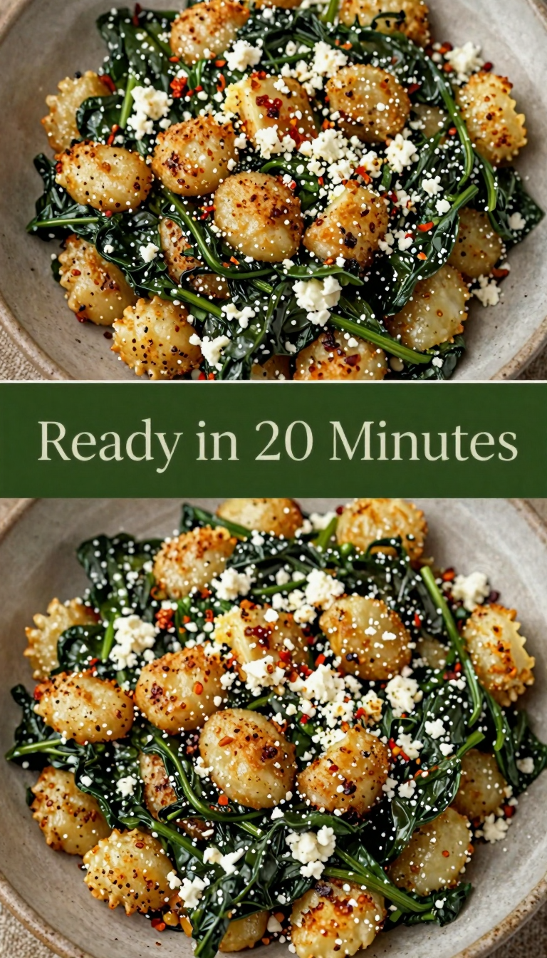 Save this Top-down view of gnocchi, spinach, feta, bowl, 