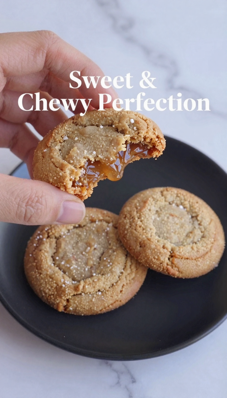 Save this Three chewy brown sugar cookies on a black plate, one partially eaten, with a banner reading 