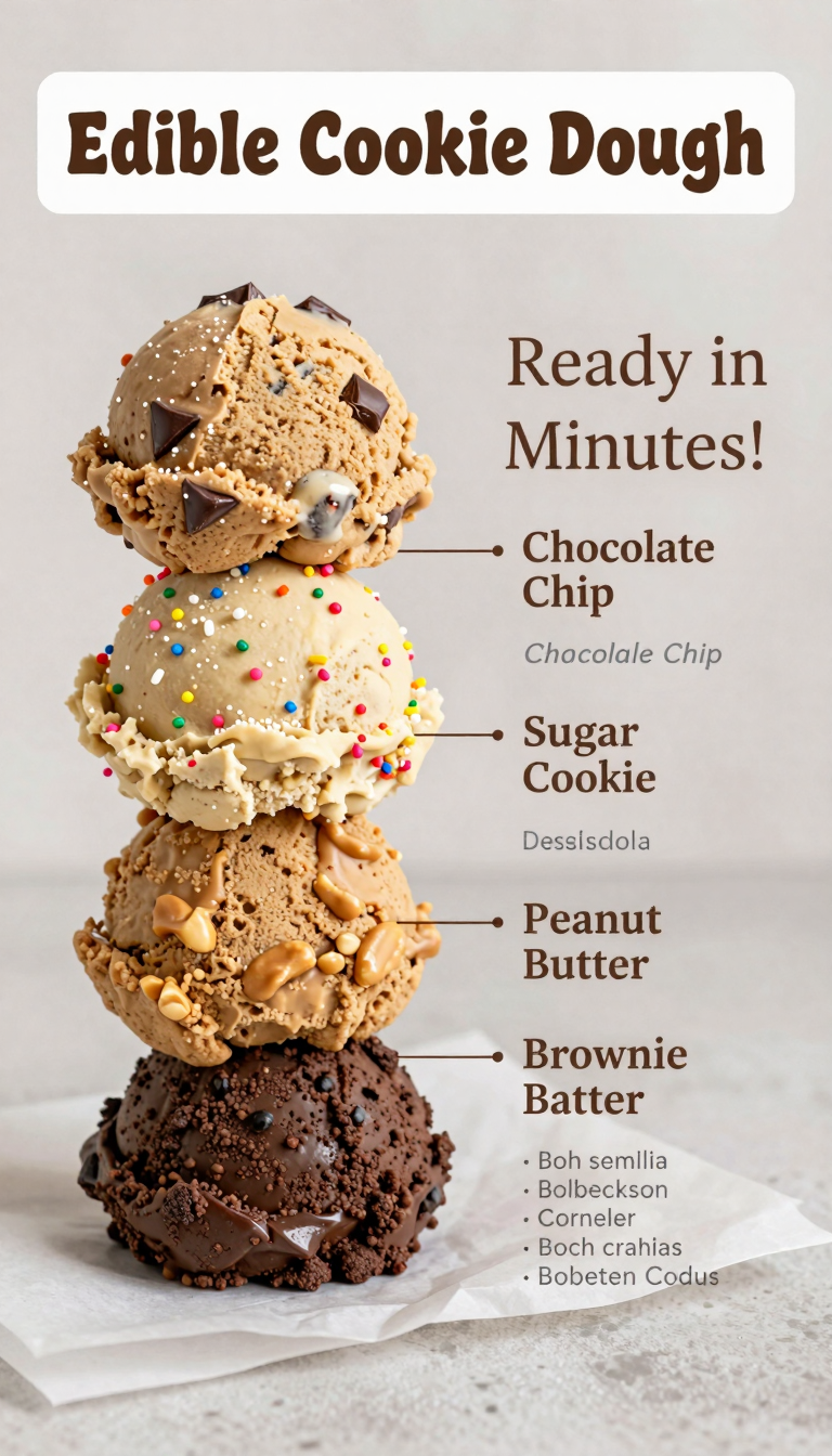 Save this Four distinct edible cookie dough flavors stacked on white parchment, featuring a 