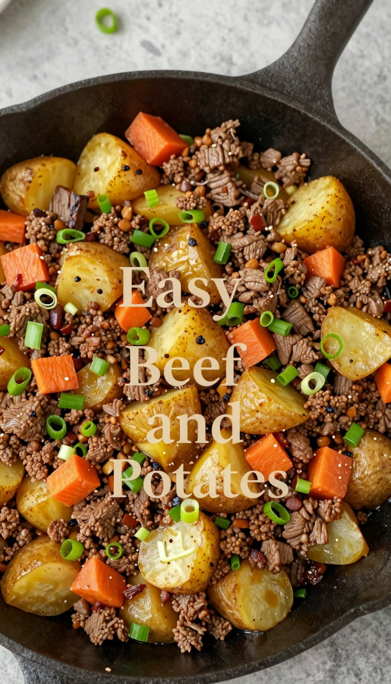 Save this Overhead view of beef and potato skillet dish. on Pinterest
