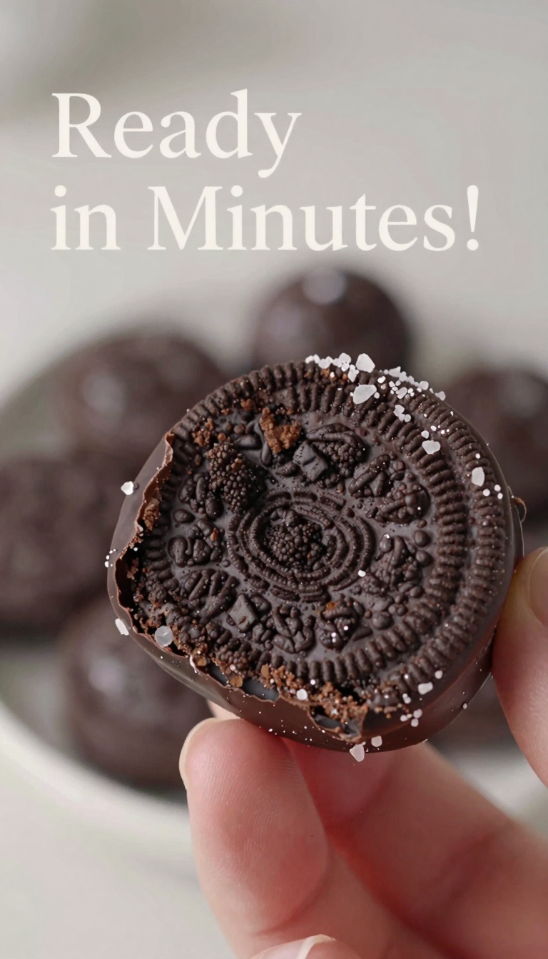 Save this Oreo ball dessert, bitten to show filling, plate of more in the background, bright lighting. on Pinterest